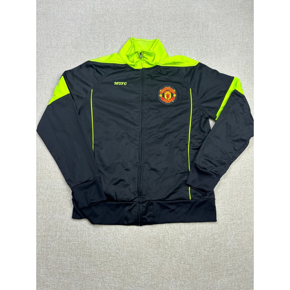 Manchester United FC Mens Track Jacket Black Neon Green MUFC Soccer Full Zip M